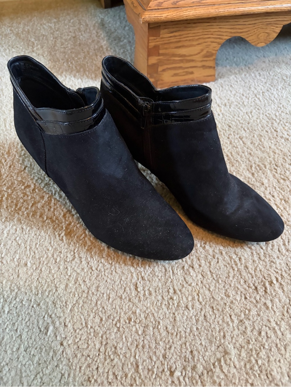 Women's Black Suede Ankle Booties with Patent Trim